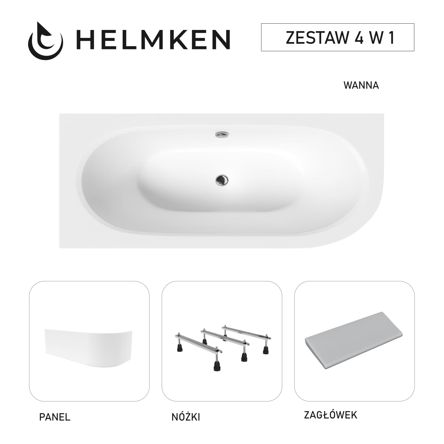 Wanna akrylowa Helmken Marbella Lux 160 x 75 Lewa + Panel biały + Zagłówek szary + Nóżki / 23092004ZW
