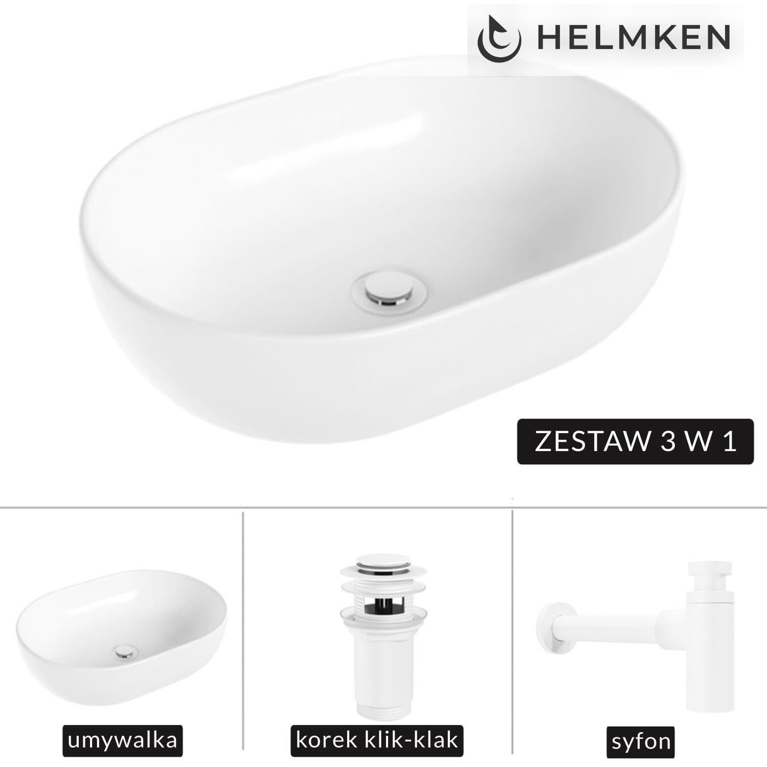 Umywalka nablatowa Helmken 83648000 (48x34) Biała + Syfon Biały + Korek klik-klak Biały