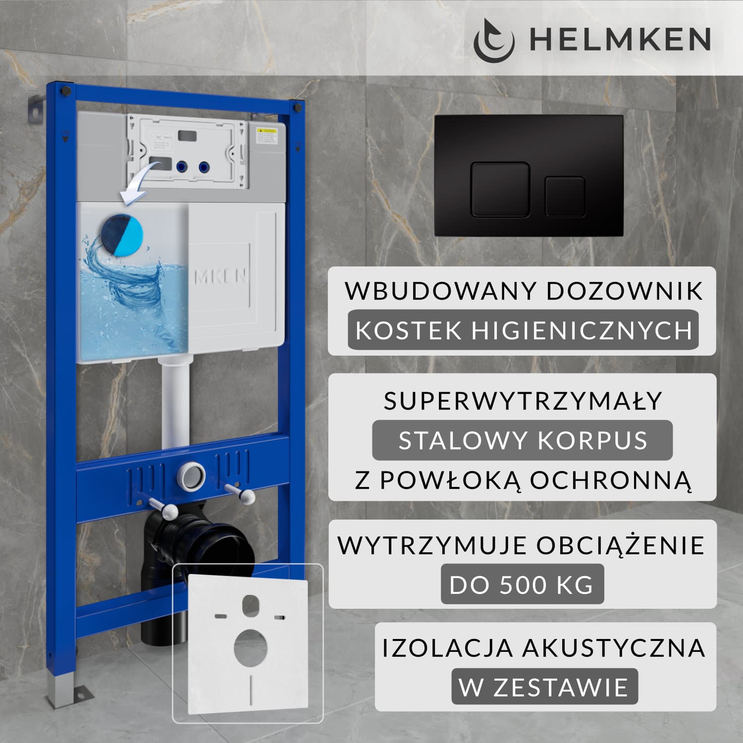 Stelaż podtynkowy WC Helmken Zestaw 4w1: Stelaż podtynkowy, Przycisk Czarny Mat (F) , Pojemnik na kostki higieniczne, Mata wygłuszająca