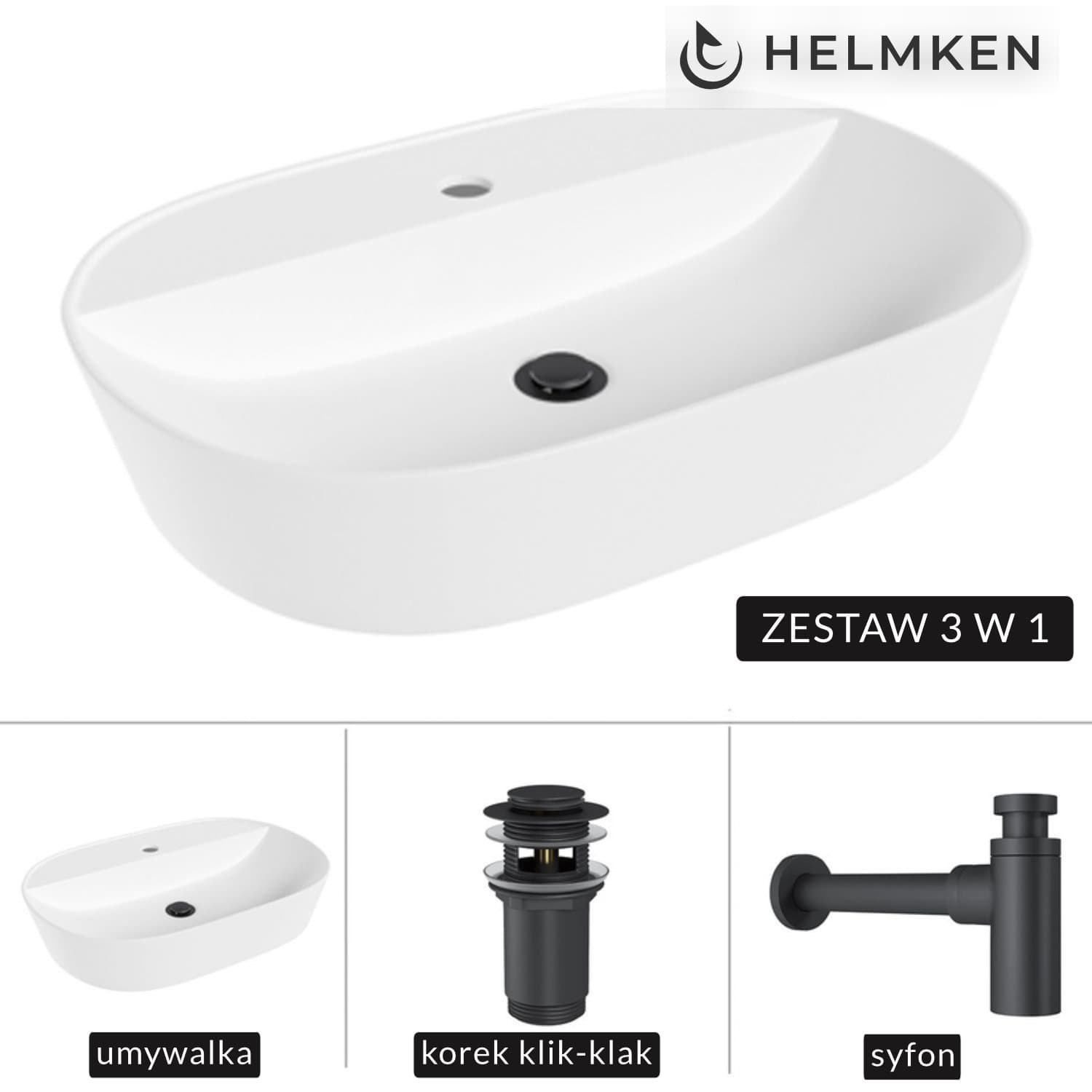 Umywalka nablatowa Helmken 46060000 (60x40) Biała + Syfon Czarny Mat + Korek klik-klak Czarny Mat