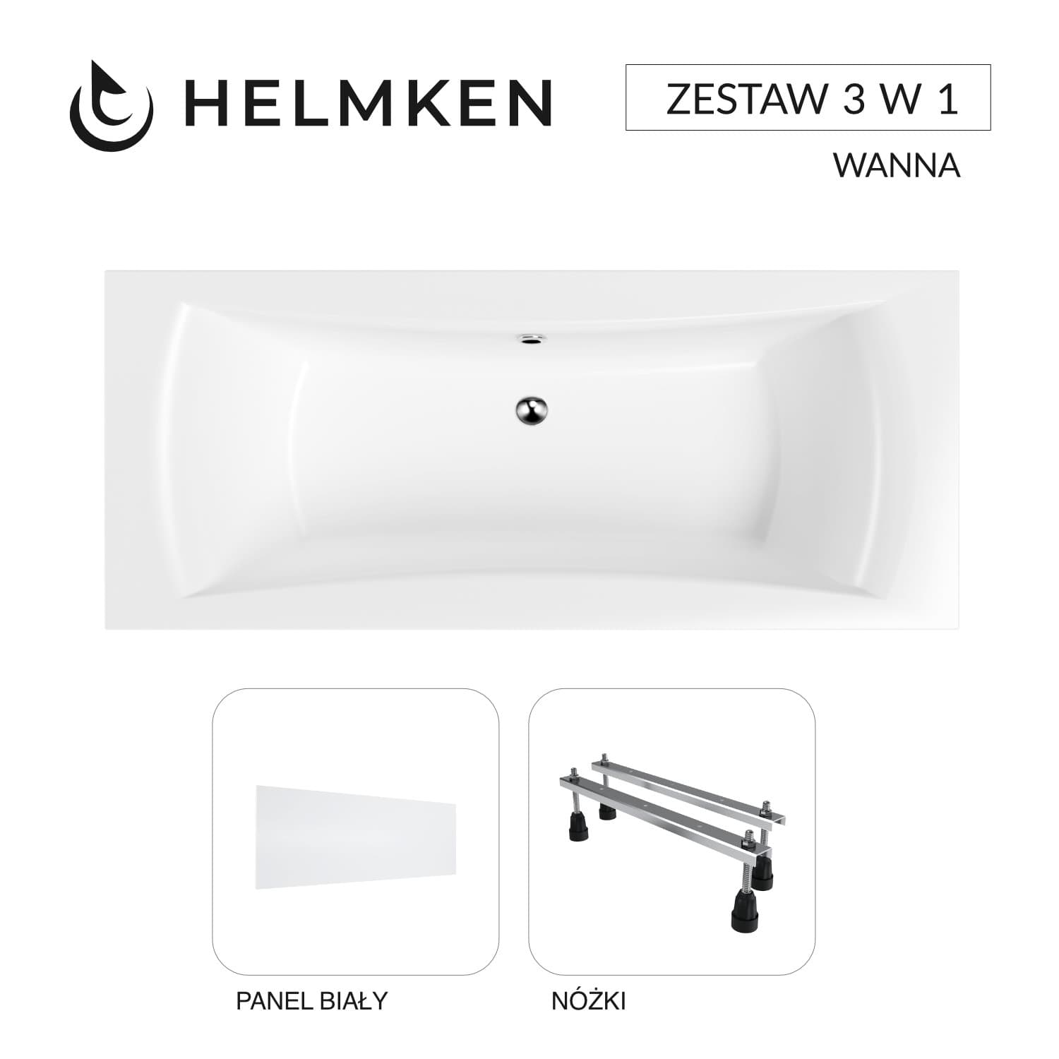 Wanna akrylowa Helmken Belgravia 190x90 z akrylu lanego ze wzmocnionym korpusem + Panel biały + Nóżki / 35110190